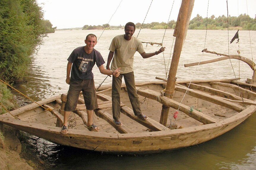 Thumbs up: Jeremy on a boat called a felucca in Sudan.