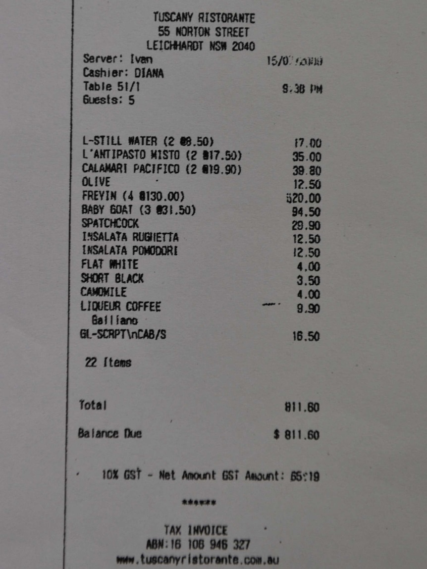 Tuscany restaurant receipt