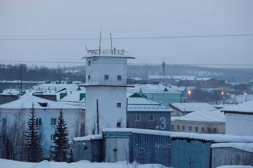 A prison tower in a snowy bleak landscape. 
