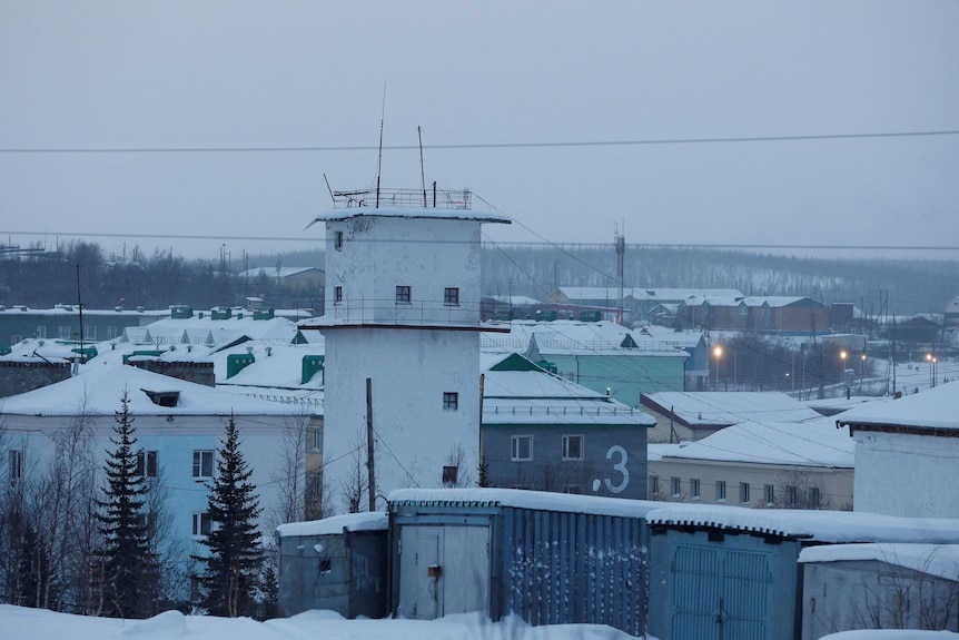 A prison tower in a snowy bleak landscape. 