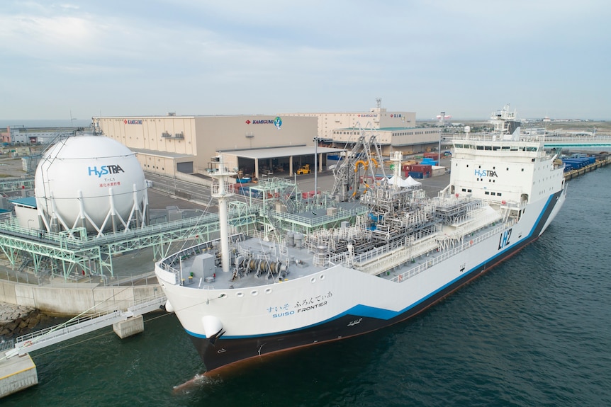 A large ship in port