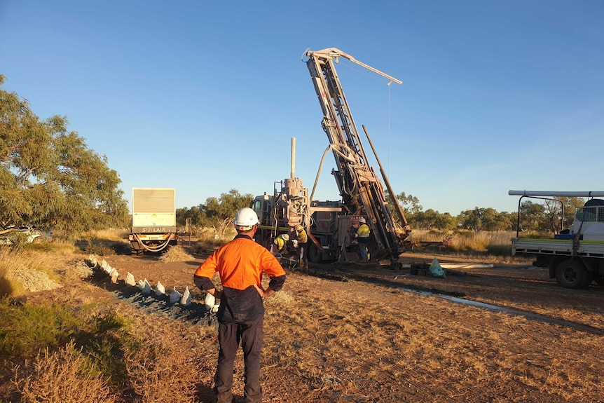 A man in mining high-vis clothing watches workers with machinery in the bush.