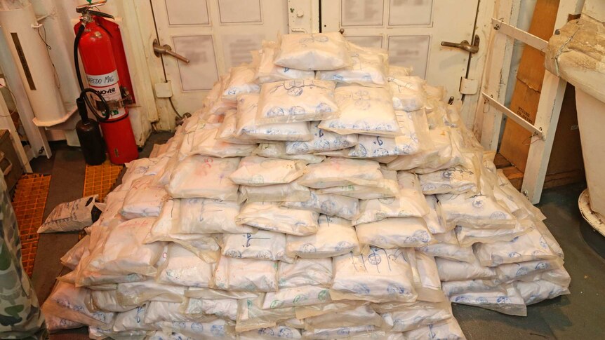 Hundreds of one-kilogram bags of heroin seized from a Jalibut dhow intercepted off the coast of Africa.