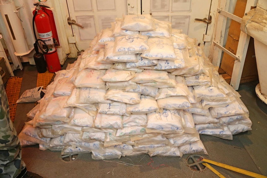Hundreds of one-kilogram bags of heroin seized from a Jalibut dhow intercepted off the coast of Africa.