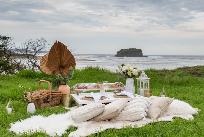 A picnic setting with the ocean in the background