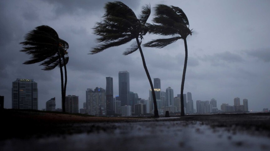 Dark clouds are seen over Miami's skyline.