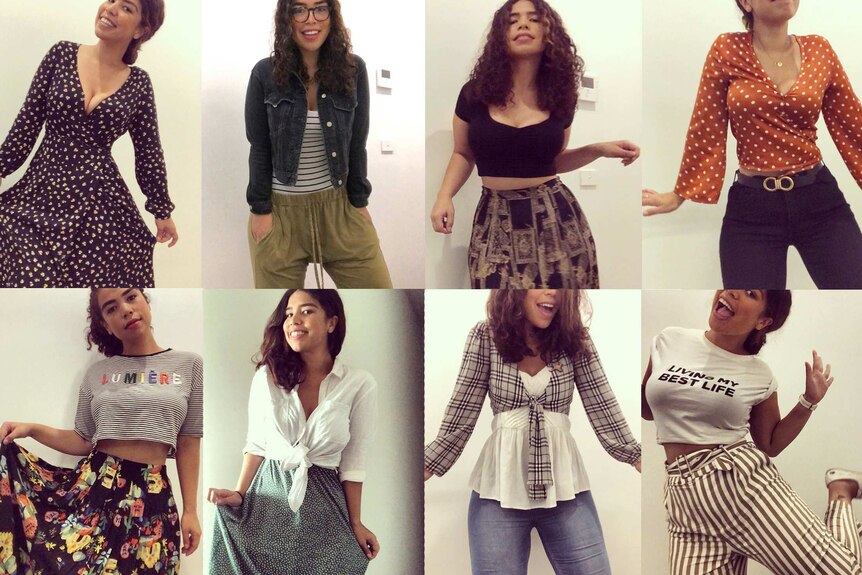 Montage of images showing Tahlea Aualiitia wearing recycled clothes.