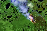 green satellite image with fire in the centre