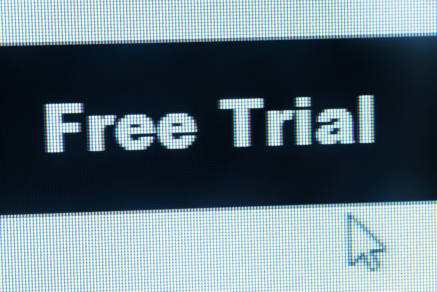 A computer screen with the words 'free trial' and a cursor