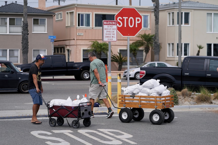 Two men pull wagons full of sandbags on a residential street