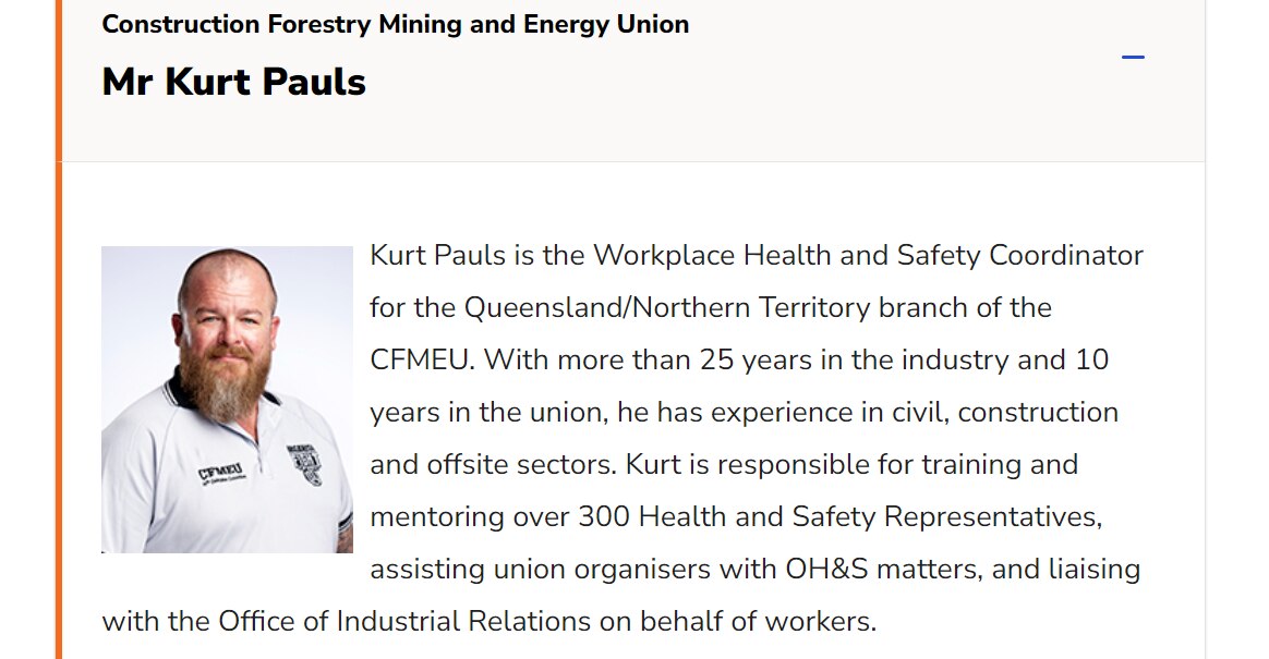 A website shows a bio about Kurt Pauls with a picture of him wearing a CFMEU shirt.