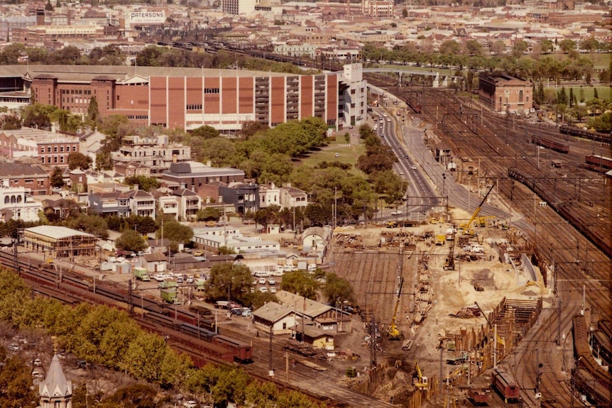 Construction works in the centre of a rail yard in Melbourne.