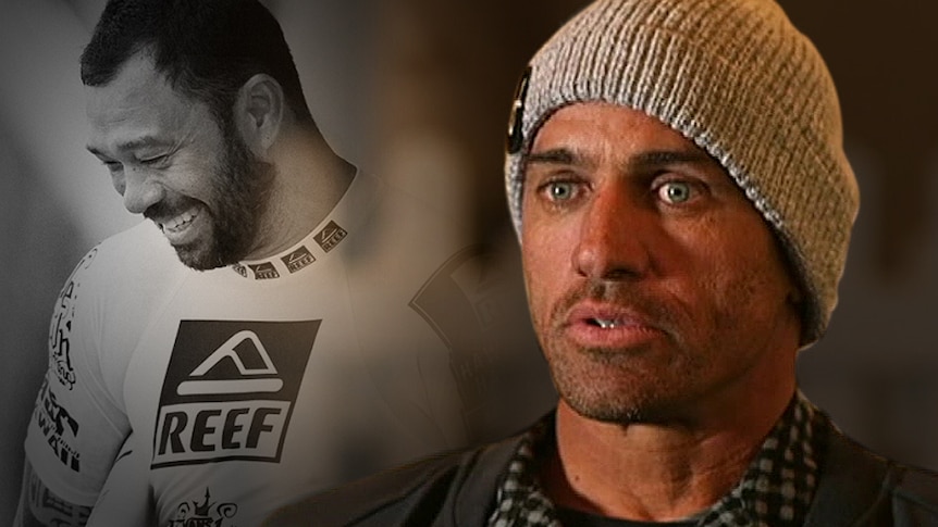 Kelly Slater in a grey beanie and a black and white photo of Sunny Garcia carrying a surfboard and smiling.