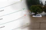 A graphic showing rain measurements over picture of flooded cars at Robina.