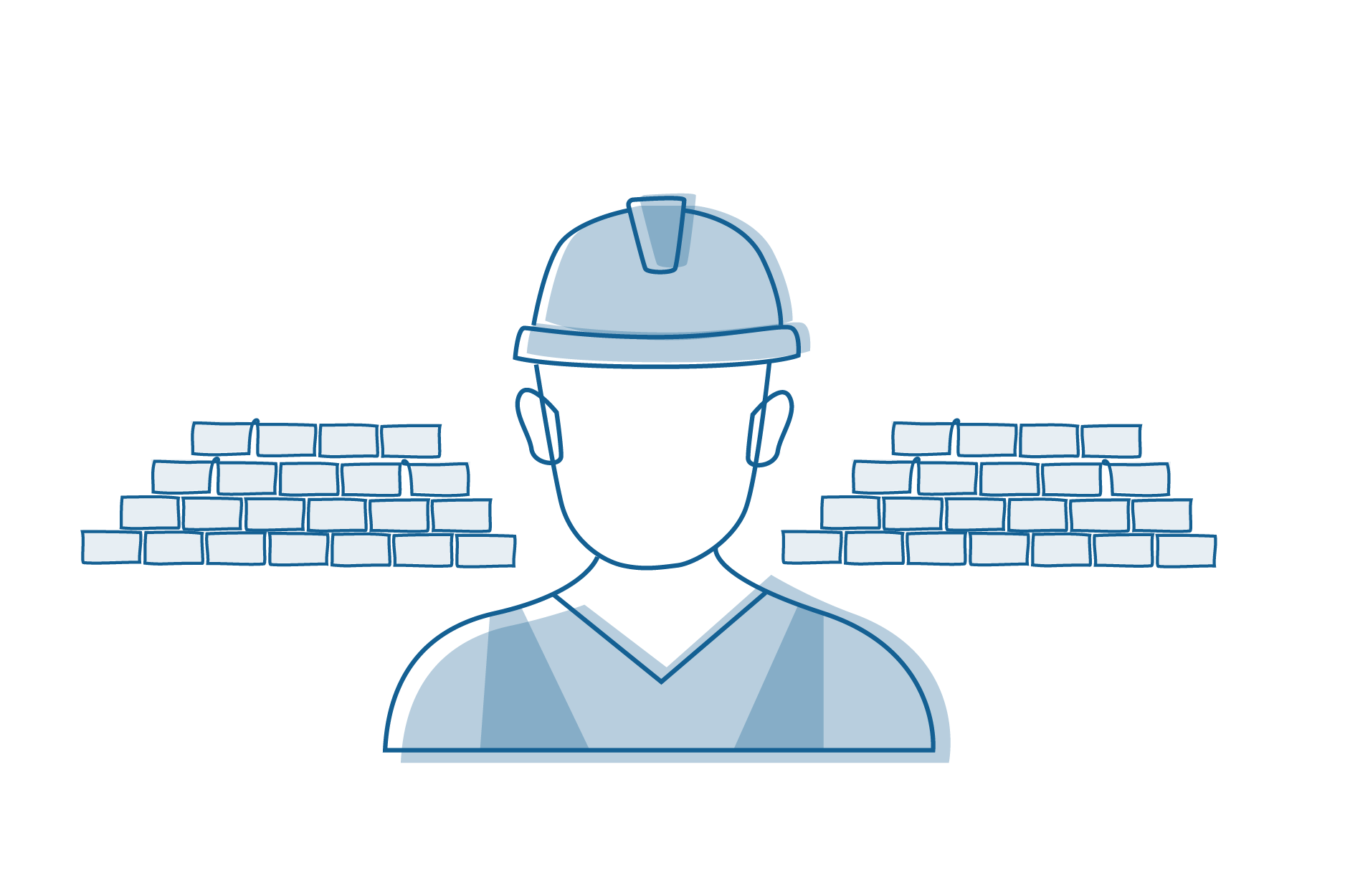 An illustration of a man with a builders hat in front of a brick wall.