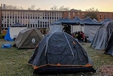 A row of tents in front of a long building at the Australian National University campus.