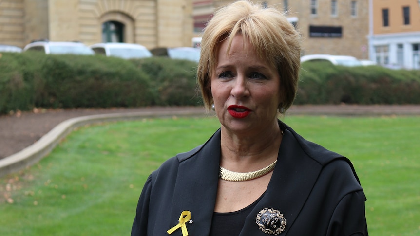 Tasmanian Speaker Sue Hickey speaks to media outside State Parliament in Hobart.