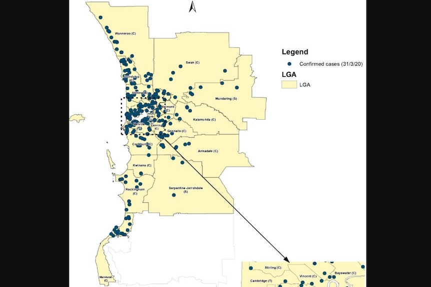 A map of the Perth area with dots showing COVID-19 cases clustered in the Western Suburb.