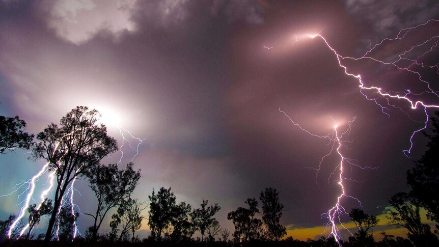 Multiple lightning strikes during a night time lightning storm.