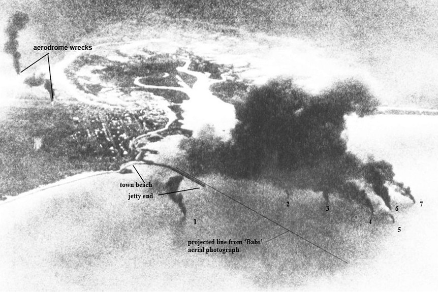 An aerial photograph of the Japanese attack on Broome.