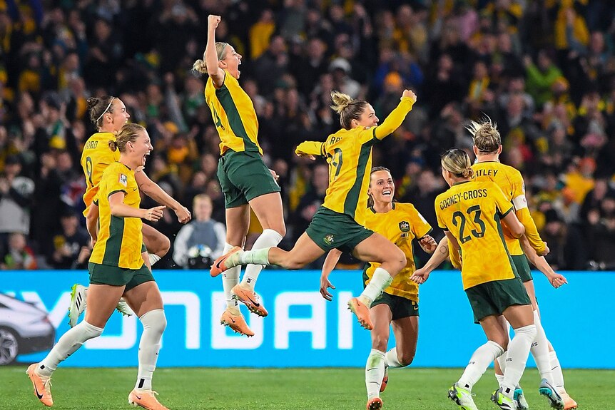 Australia scores as the Matilda's celebrate Steph Catley of Australia's goal during the Women's World Cup 