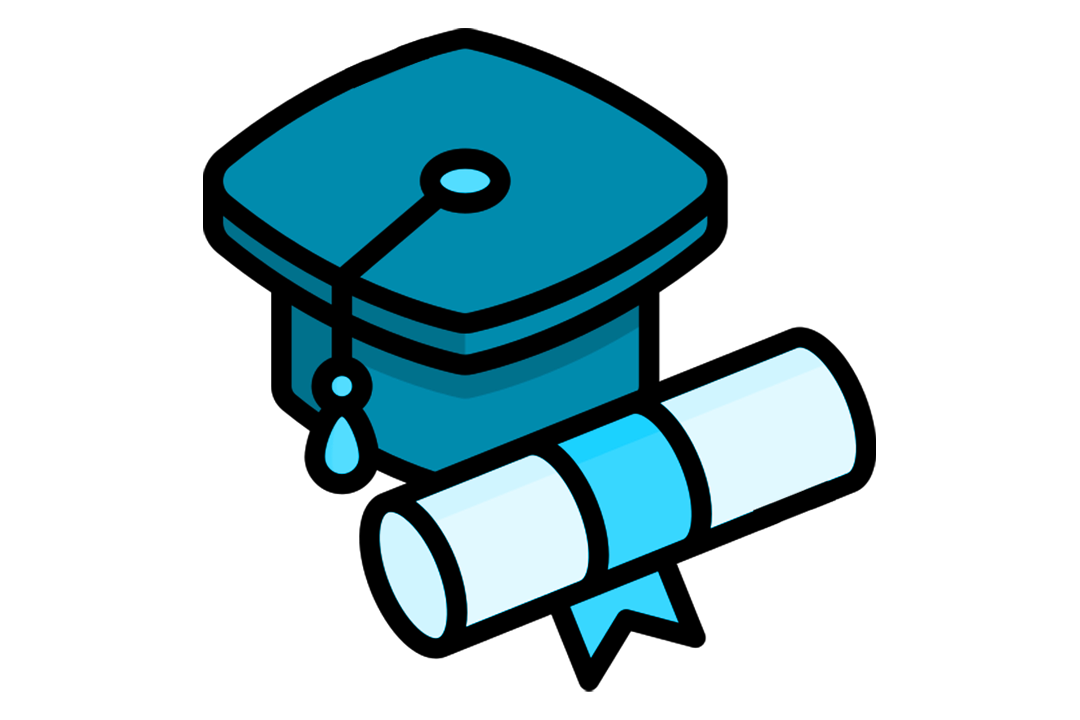 A blue graphic of a graduation cap and a rolled up degree