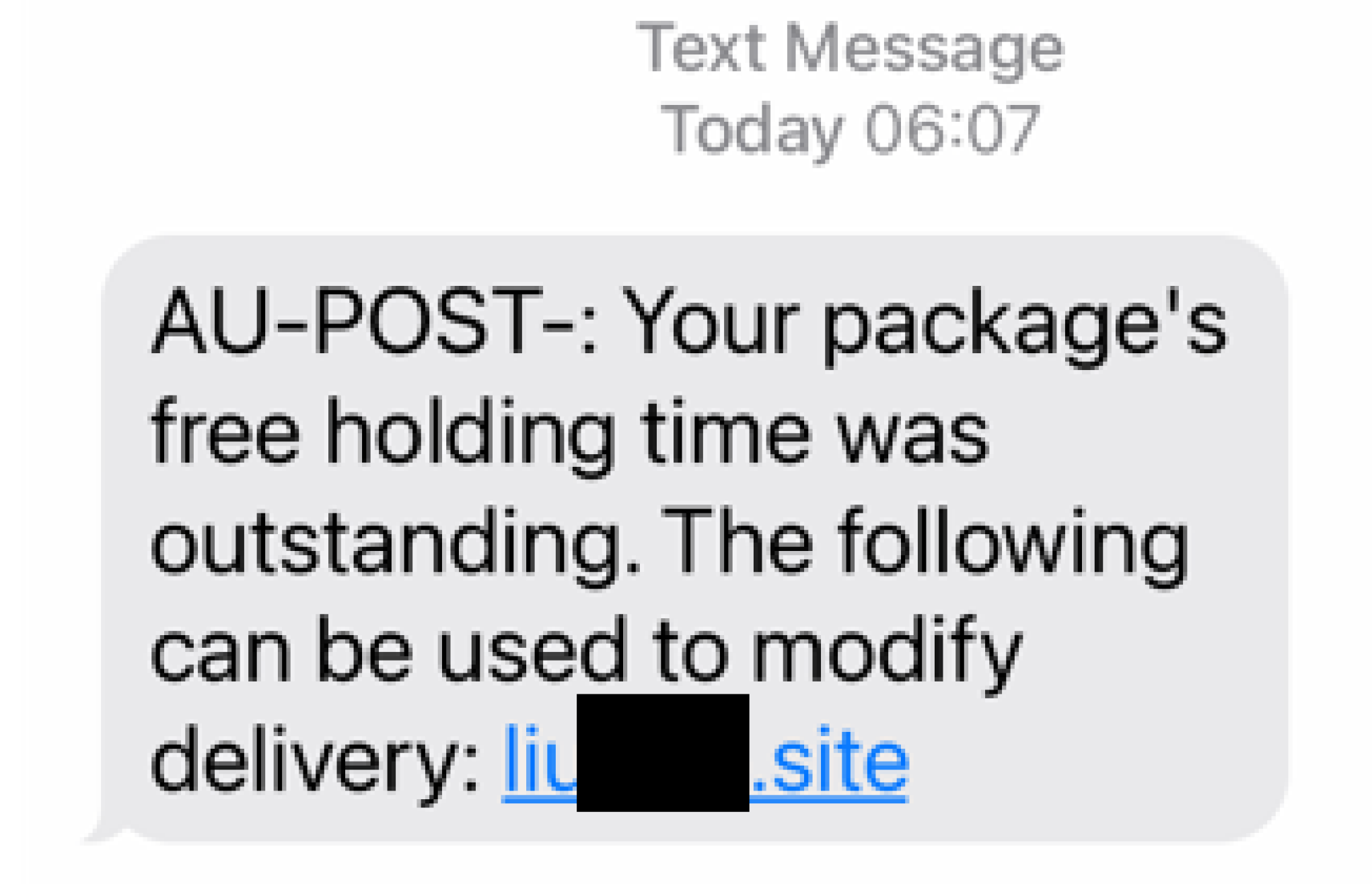 A screenshot of a text from a scammer posing as Australia Post, with a link that supposedly "can by used to modify delivery"