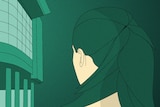 An illustration of a woman standing in front of a hospital emergency department.