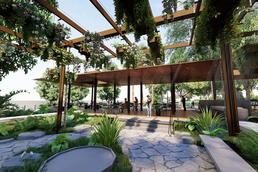 Artist's impression of the new River Pavilion park showing greenery and hanging plants around a picnic and barbeque area.