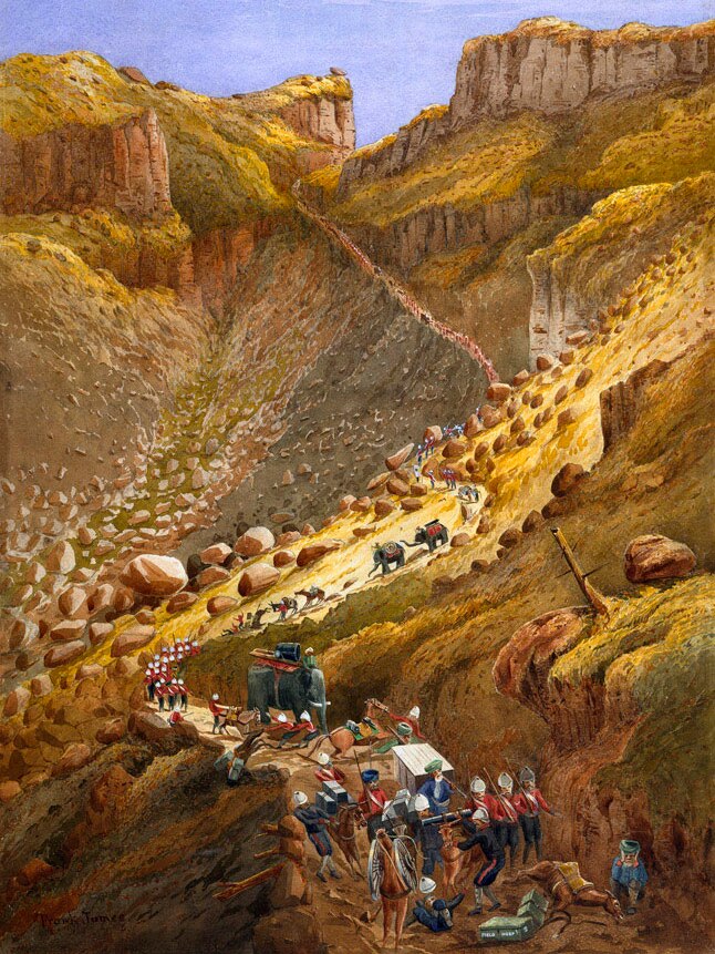 Colourful painting depicting British and Indian troops, including elephants, make their way down the steep road in Abyssinia.