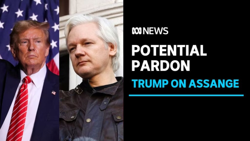 Potential Pardon, Trump on Assange: Man with red tie stands in front of American flag and man with grey hair in leather jacket.