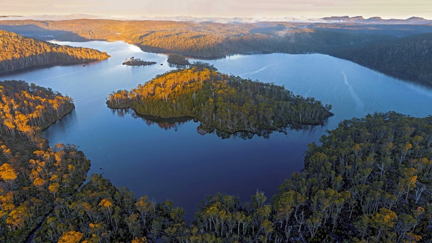 An aerial shot of Lake Malbena, half in sunlight, half in shade. A beautiful still lake surrounded by green forests.