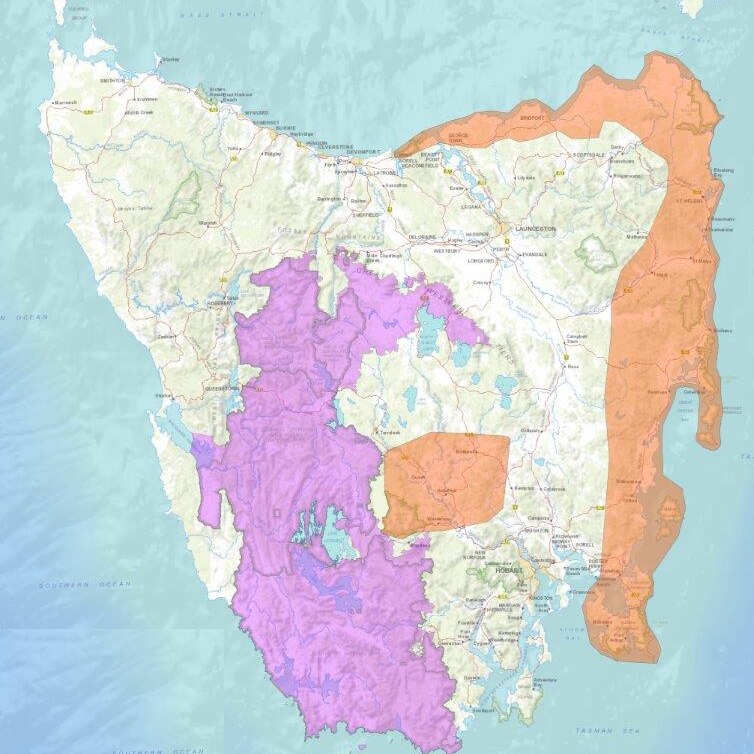 Map showing regions of campfire bans in Tasmania