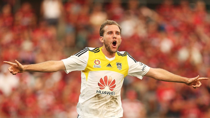 Wellington's Jeremy Brockie celebrates his goal against the Wanderers at Parramatta Stadium.