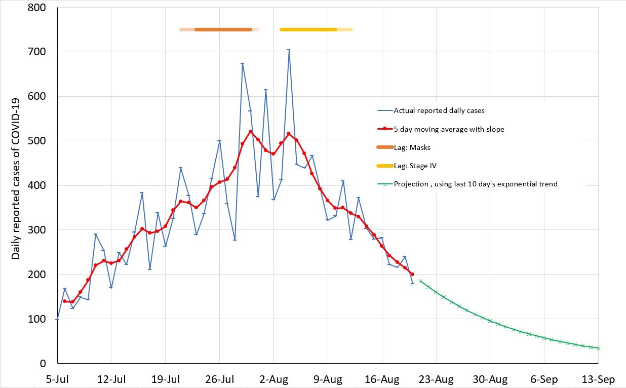 A graph showing new daily cases to drop to about 30 by September 13. It is just a forecast.