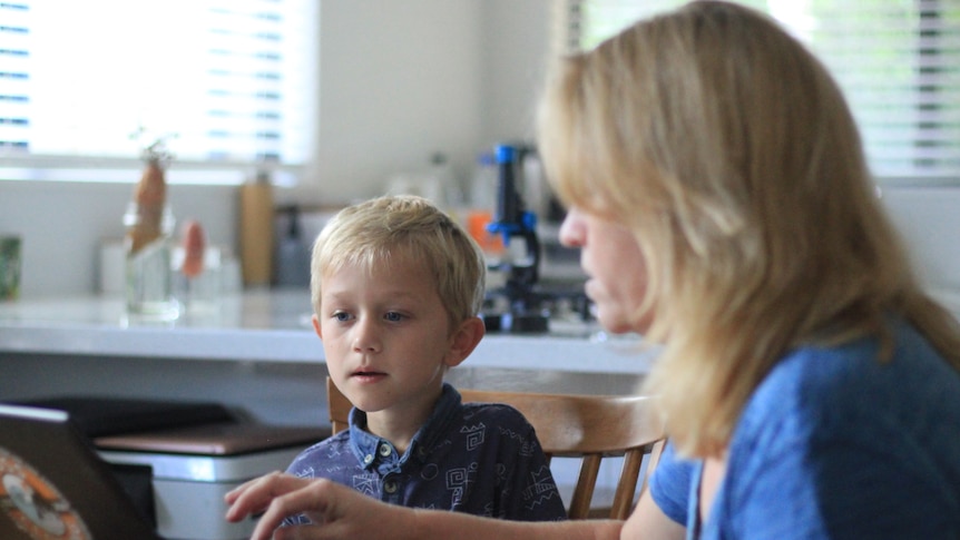 A blonde boy about six-years-old at home, his mother is teaching him at the computer