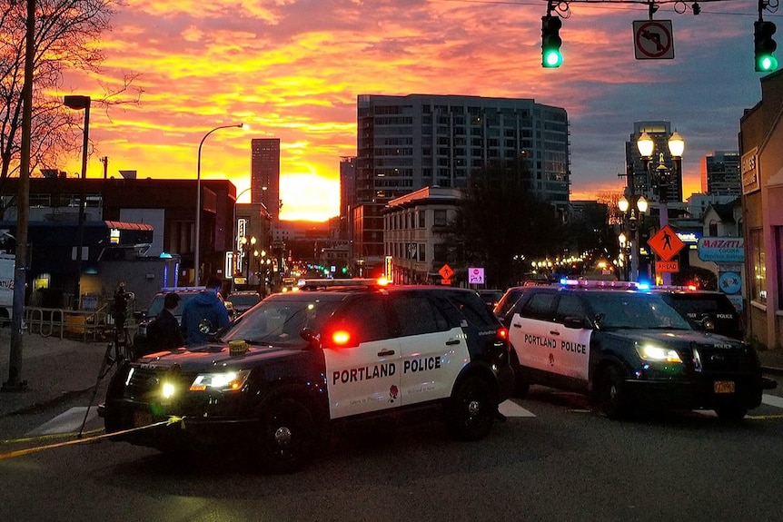 Two police cars, marked 'Portland Police', block a city road.