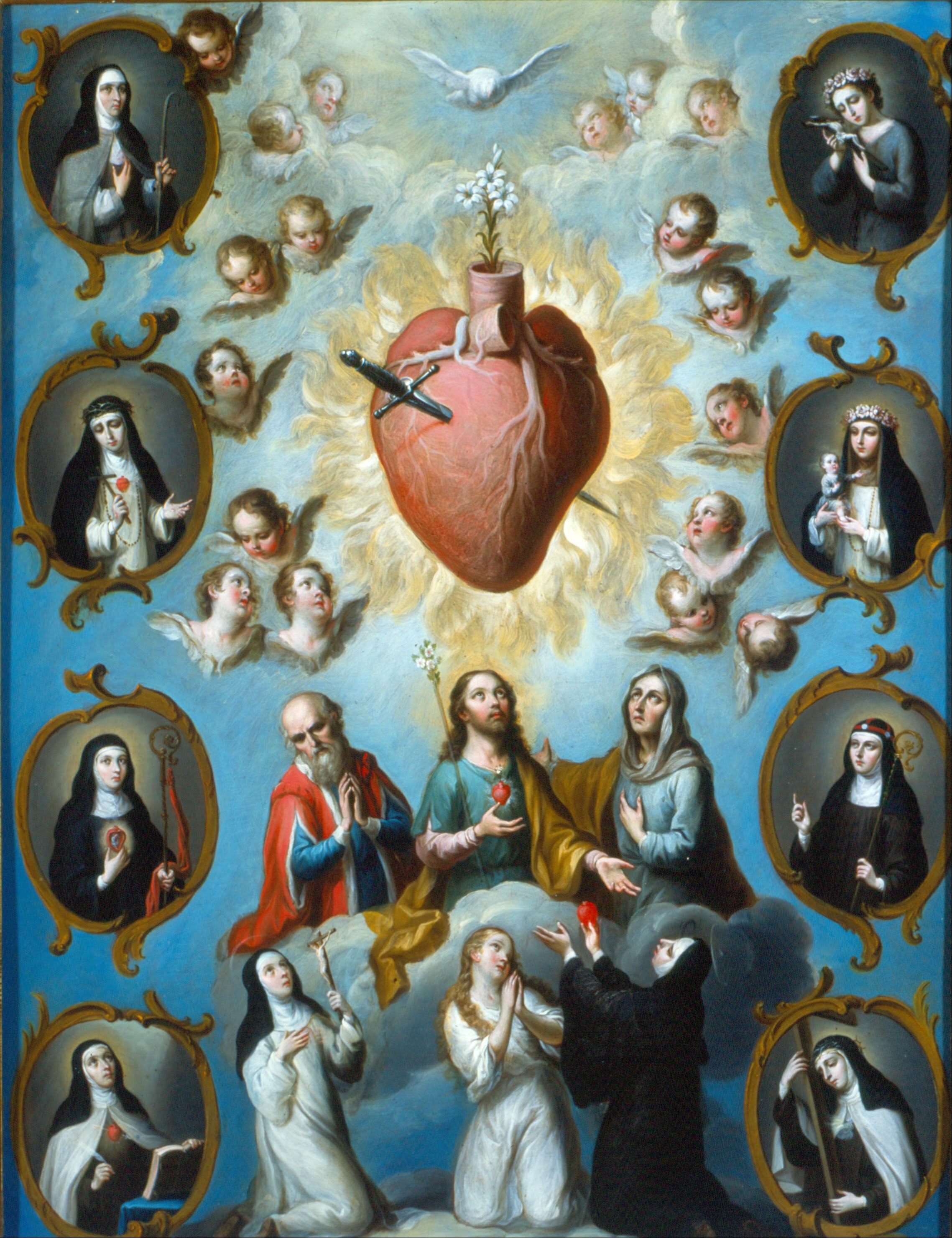 A religious painting showing an anatomical heart being speared by a sword, mary and Jesus and others watching