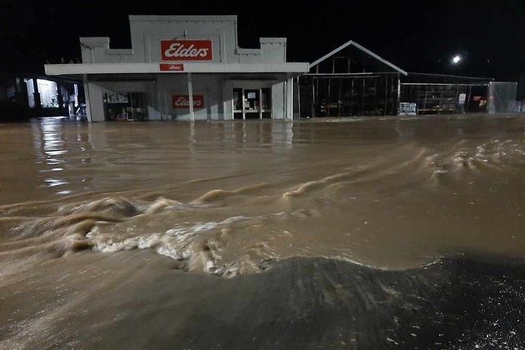 Deep brown flood water swirls around an Elders real estate store. The water level is halfway up the height of the shop's door.