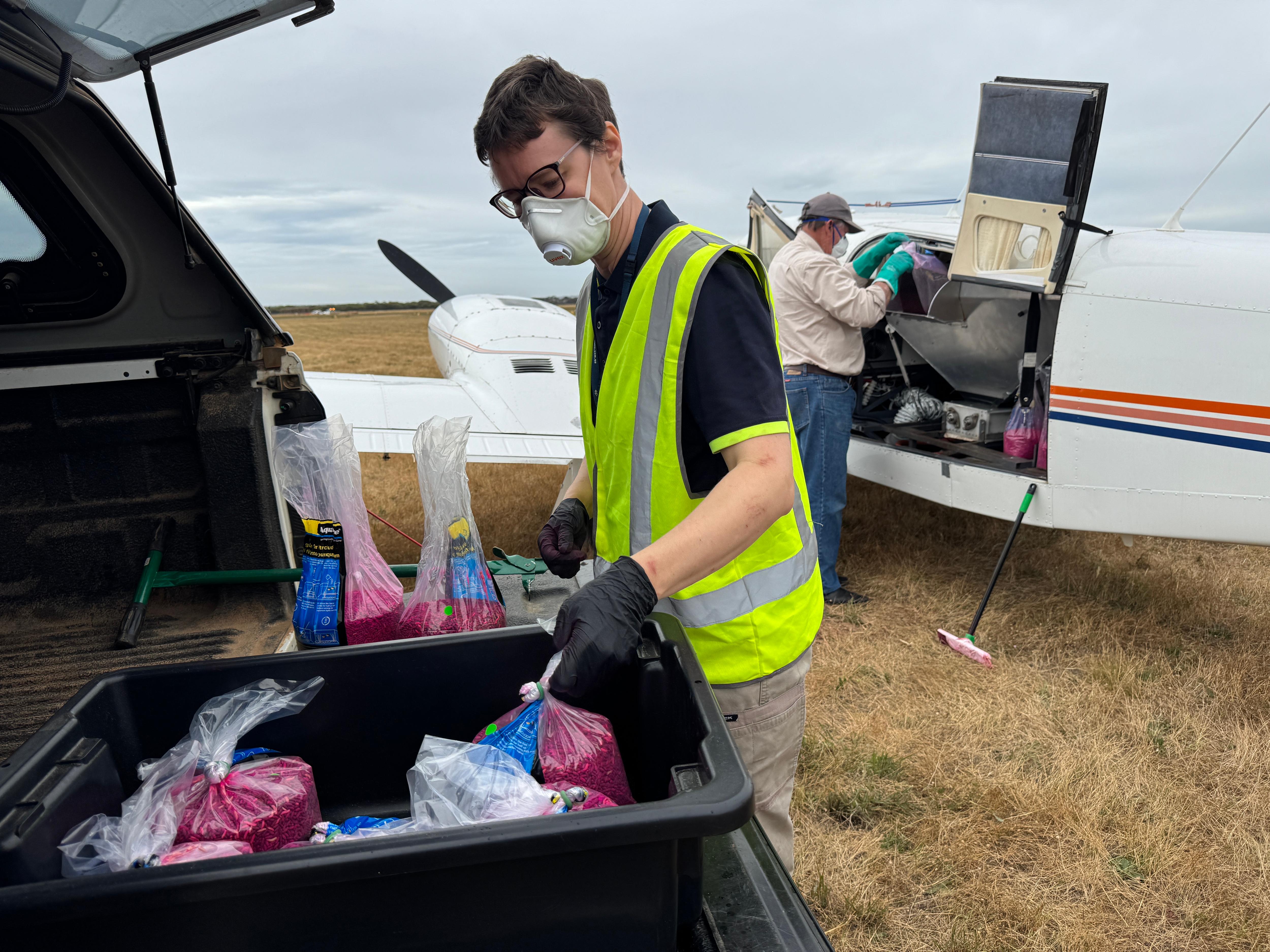 Personas con ropa protectora transportan bolsas de plástico desde un vehículo hasta un avión.