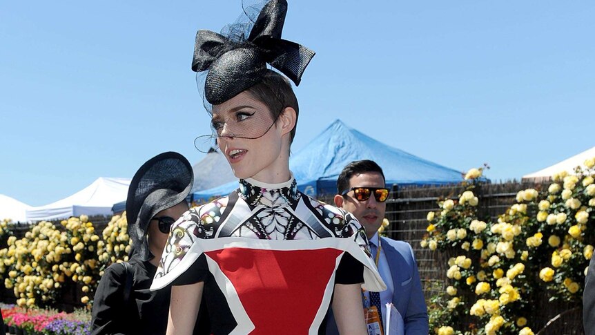 Coco Rocha arrives at the Birdcage at Flemington racecourse on Melbourne Cup day.