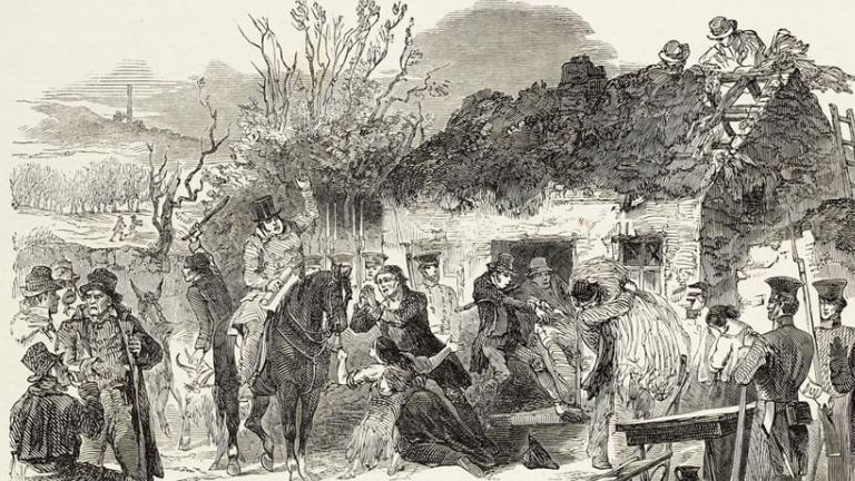 historic drawing of a scene of a family being evicted from their home during the Irish famine