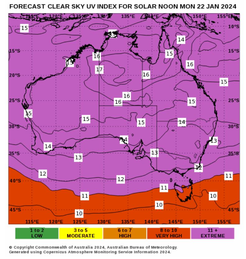 A map showing an extreme UV rating for much of Australia on January 22