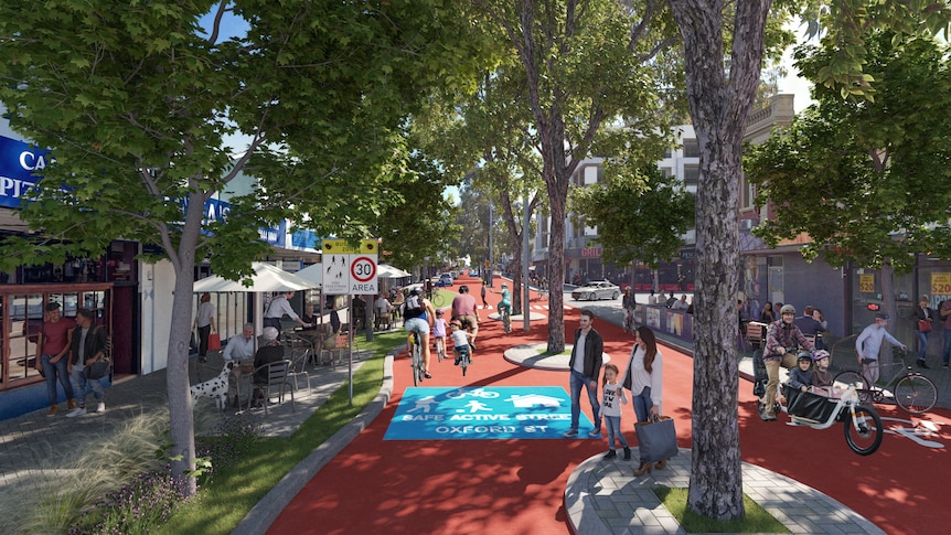 3D mockup of a thriving city shopping strip with trees, pedestrians, bikes and alfresco dining - there's barely a car in sight