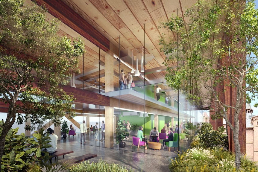Bulky beams pass crisscross an airy, glass clad office space filled with plants.