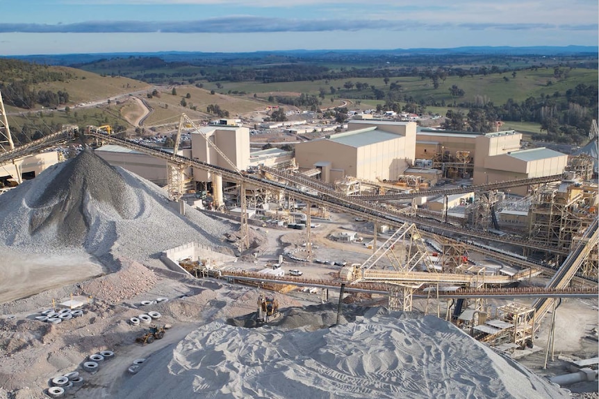 Aerial shot of a mine and buildings 