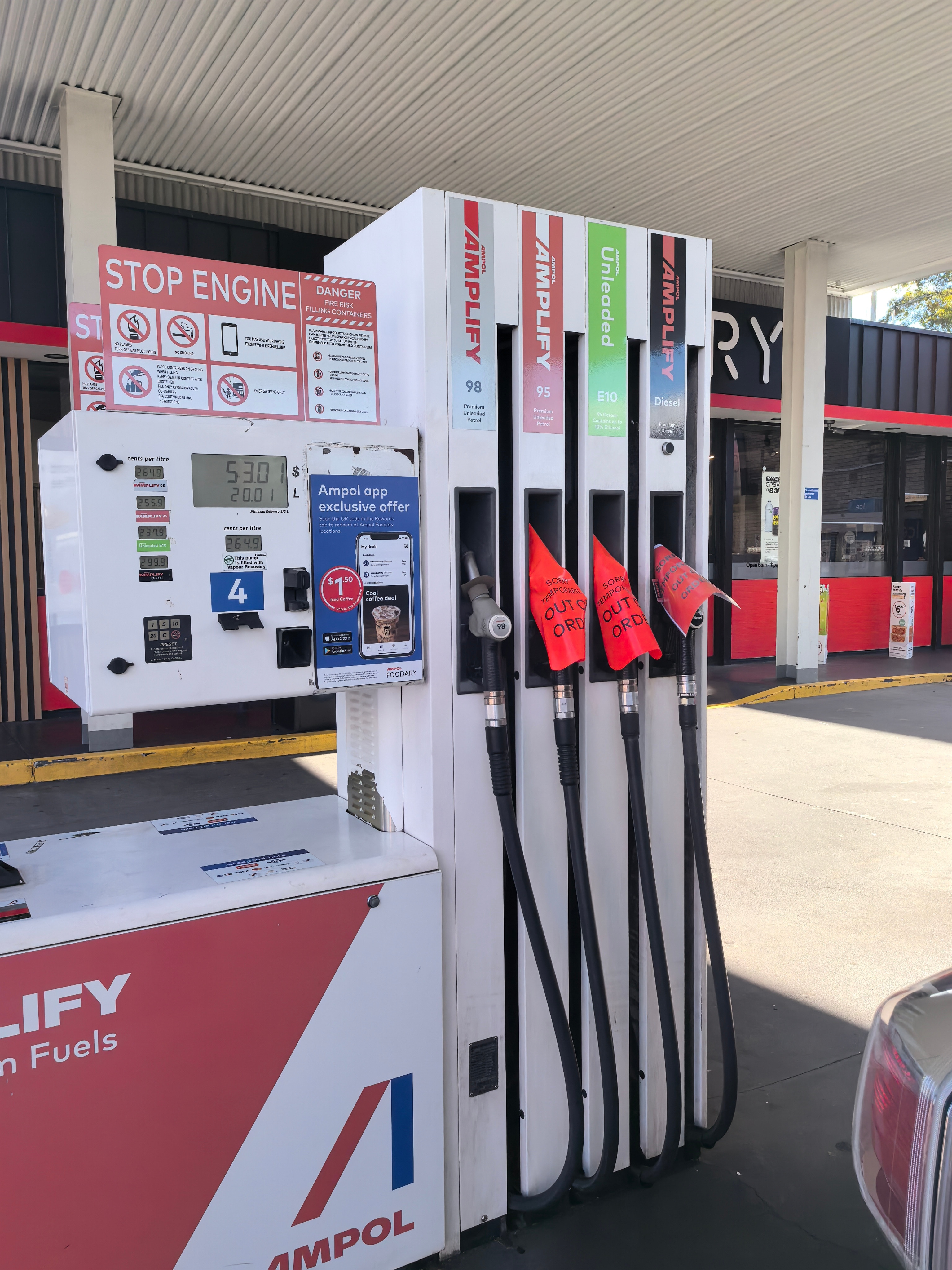 Petrol station with no fuel sign in Hornsby, NSW.