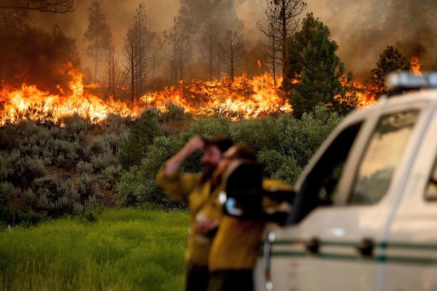 Firefighters stand in front of a huge blaze