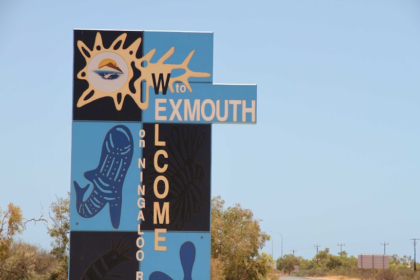 Welcome signage located at the entrance to Exmouth - a popular tourist destination in the north west of Western Australia.