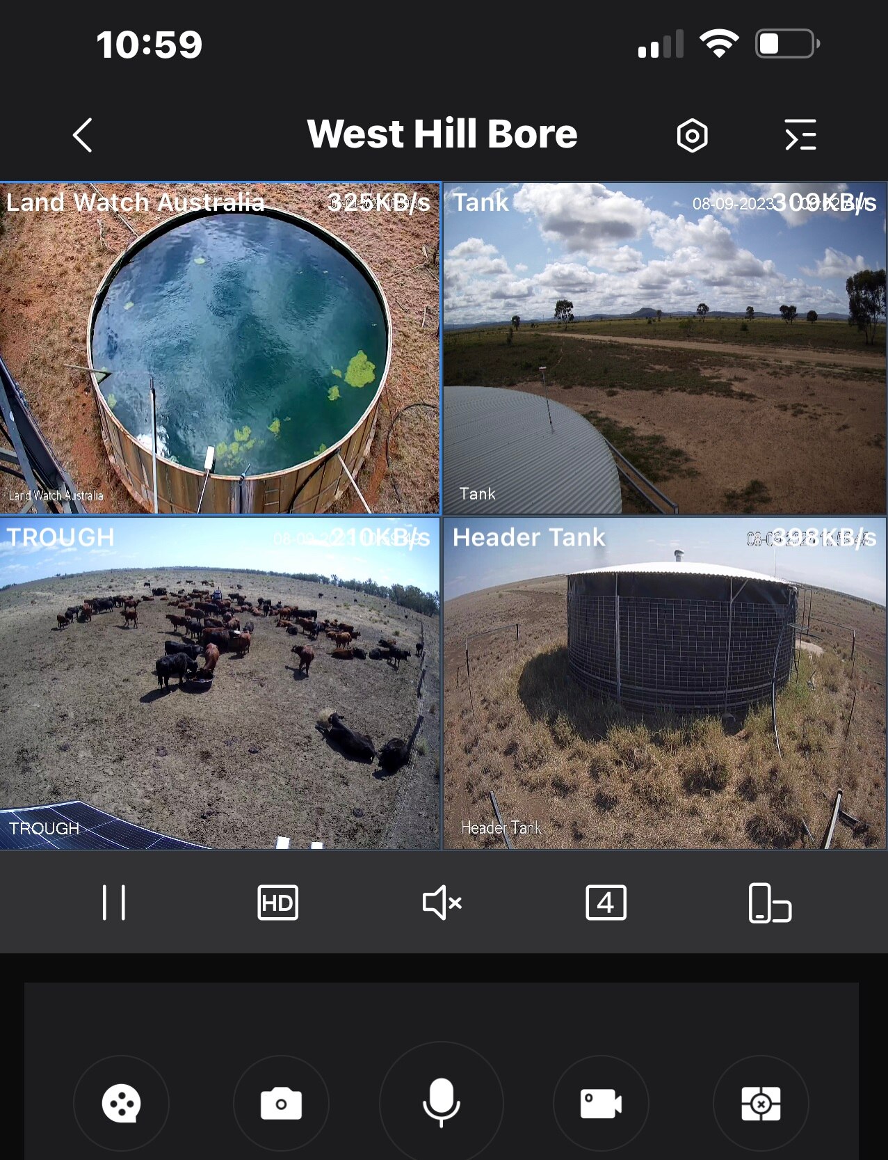 A four-panel image showing CCTV images of water tanks and livestock on a farm.